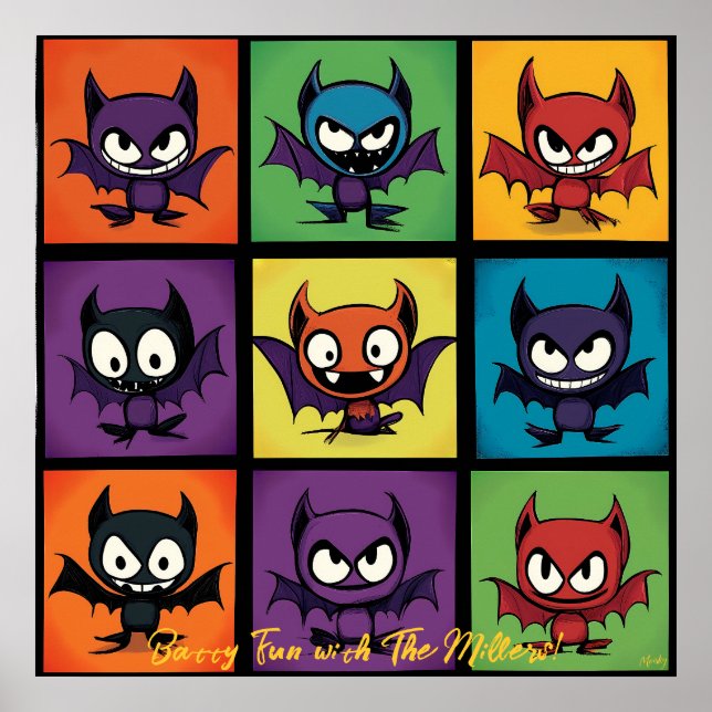 Pop Art Cartoon Bat Grid Halloween Wall Art (Front)