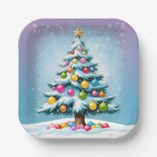Pop Art Cartoon Christmas Tree Colourful Ornaments Paper Plate