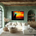 Pop Art Cat at Sunset - Window view Poster<br><div class="desc">This elegant pop art scene captures a serene moment as a cat gazes at a vibrant sunset through a window, evoking a sense of calm and wonder. Perfect for cat lovers, this artwork features bold colours and a stunning contrast between the silhouette and the sunset. Customise the window frame with...</div>