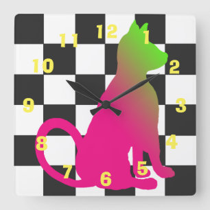 Pop Art Cat Chequerboard Brights CricketDiane Square Wall Clock