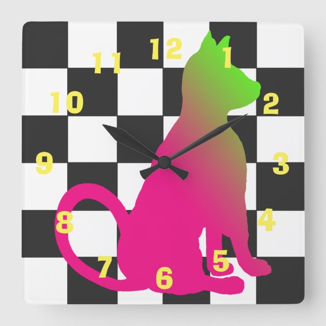 Pop Art Cat Chequerboard Brights CricketDiane Square Wall Clock (Front)