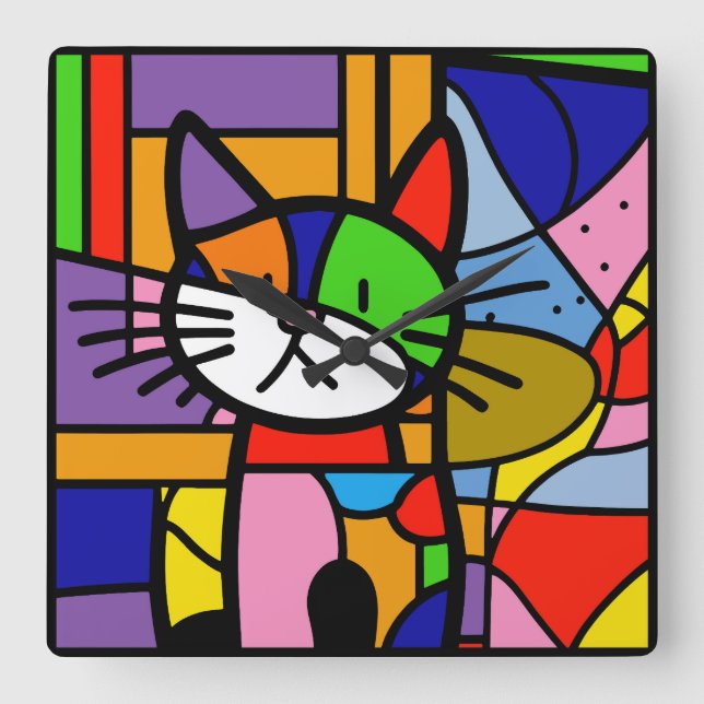 Pop Art Cat Design Vibrant and Coulourful Square Wall Clock (Front)