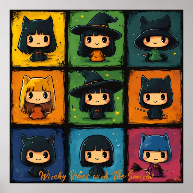 Pop Art Chibi Witches Grid Cute Halloween Wall Art (Front)