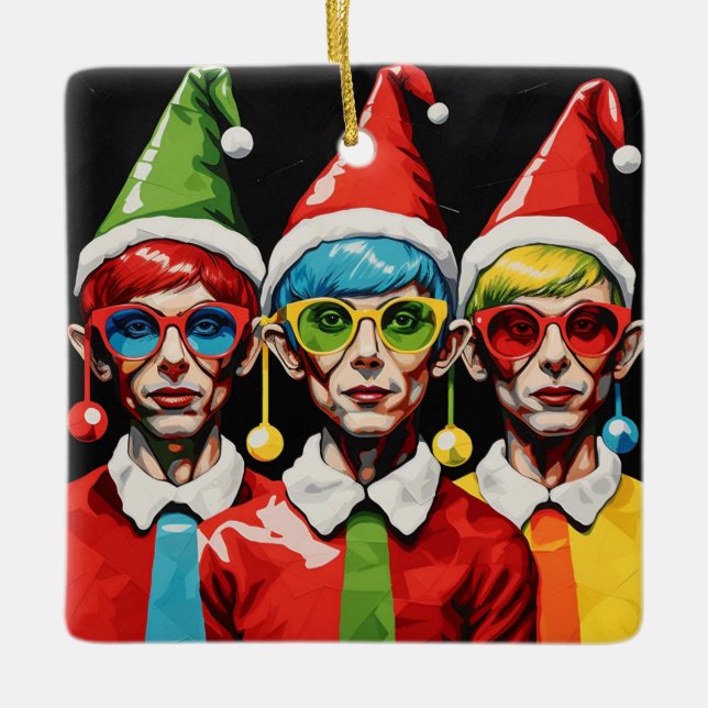 Pop Art Christmas Elves Ceramic Ornament (Front)
