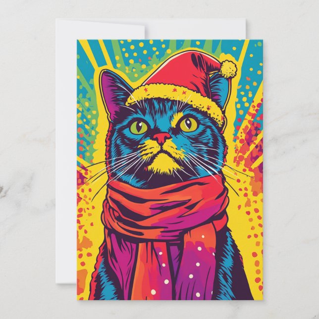 Pop Art Christmas Santa Hat Cat Custom Message Holiday Card (Front)