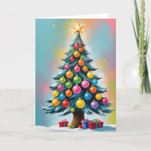 Pop Art Christmas Tree Cyan Pink Orange Yellow Holiday Card