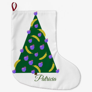 Pop Art Christmas Tree with Apples and Bananas Large Christmas Stocking