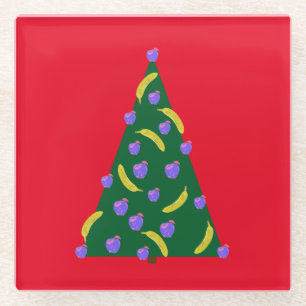 Pop Art Christmas Tree with Apples & Bananas Red Glass Coaster