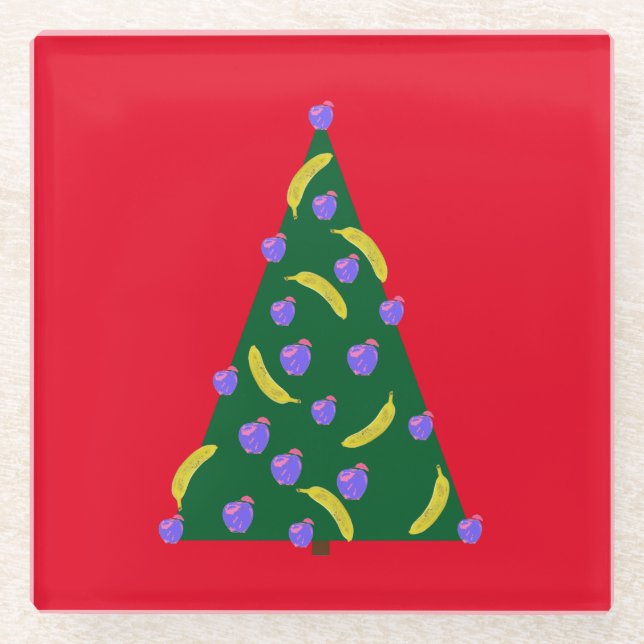 Pop Art Christmas Tree with Apples & Bananas Red Glass Coaster (Front)