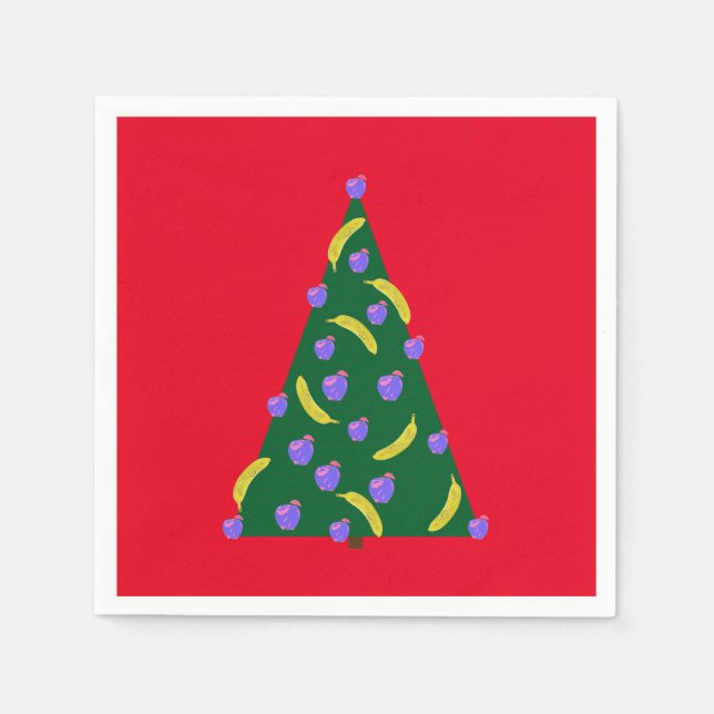 Pop Art Christmas Tree with Apples & Bananas Red Napkin (Front)