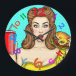 Pop Art Clock Girl Eating Hamburger Colorful<br><div class="desc">This is a cool clock retro and pop art combined with a cool girl with a burger in one hand and a drink in the other. The bright colors just add to the fun design of this clock!!! Great for kitchen of course but you might think of another place to...</div>