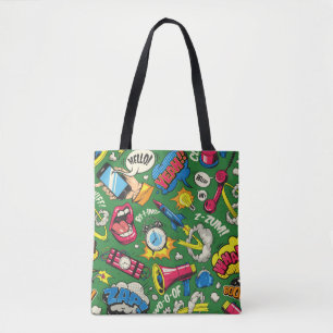 Pop art colorful seamless pattern with comic speec tote bag