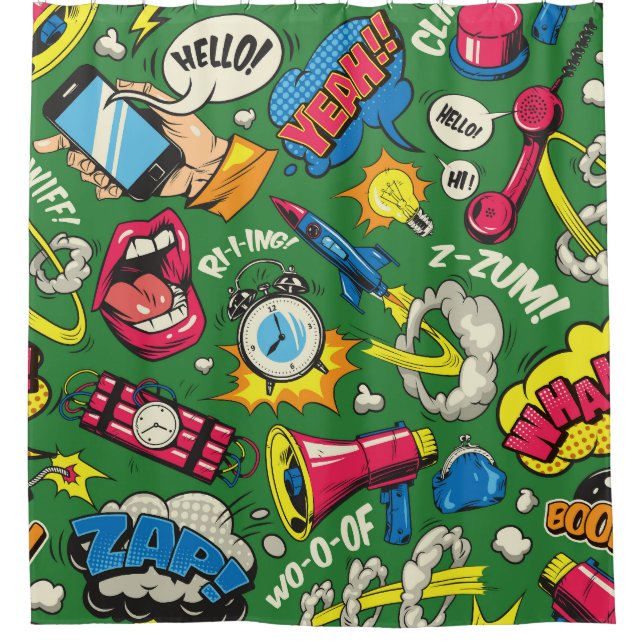 Pop Art: Colourful Comic Seamless Shower Curtain (Front)