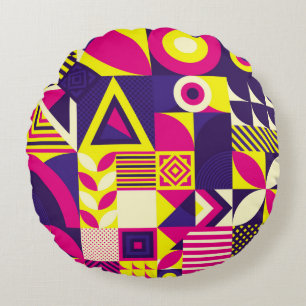 Pop art, colourful geometric shapes. round cushion
