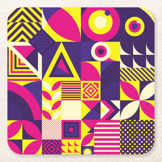 Pop art, colourful geometric shapes. square paper coaster (Front)