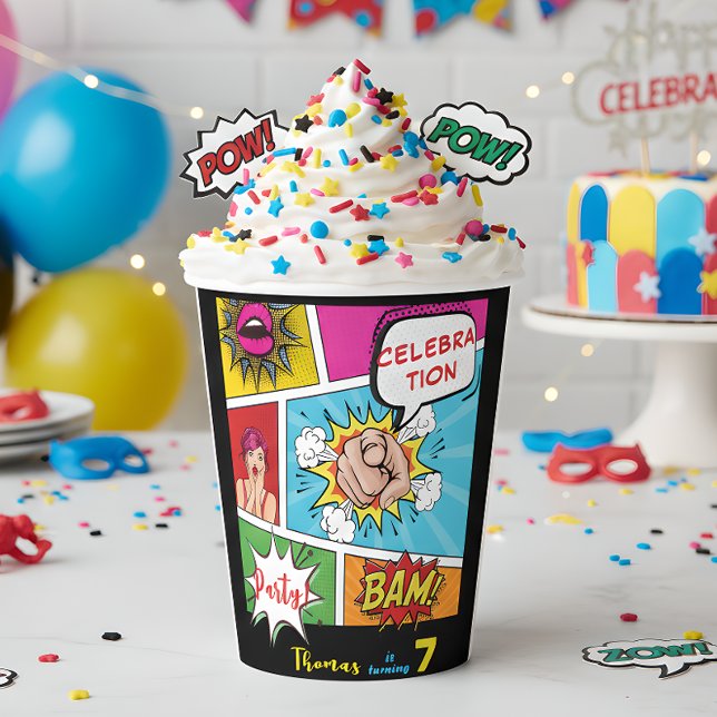 Pop art comic birthday paper cups (Creator Uploaded)