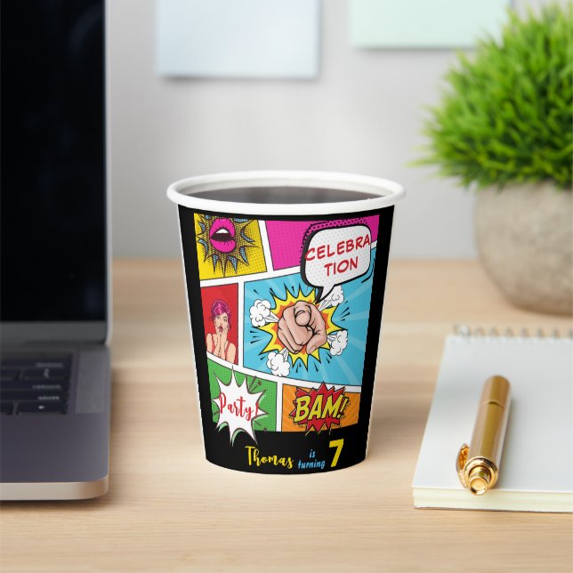 Pop art comic birthday paper cups (Insitu)