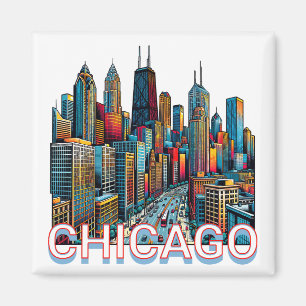 Pop art Comic Book Art Chicago Illinois Skyline Magnet