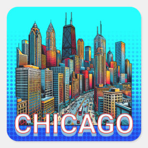 Pop art Comic Book Art Chicago Illinois Skyline Square Sticker