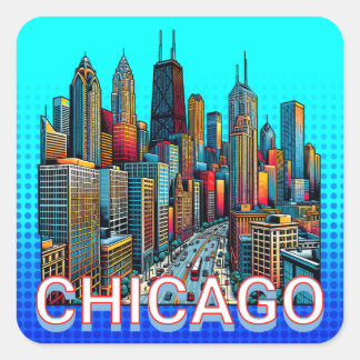 Pop art Comic Book Art Chicago Illinois Skyline Square Sticker