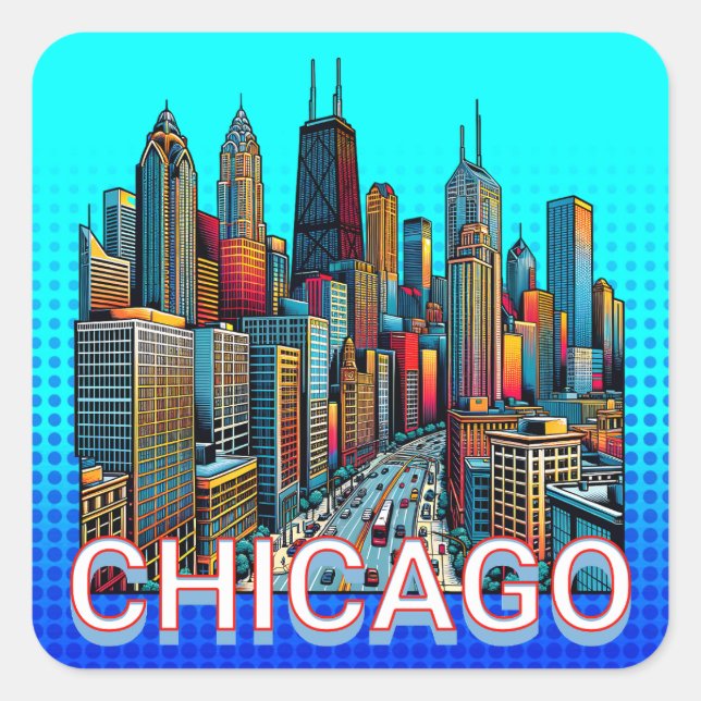 Pop art Comic Book Art Chicago Illinois Skyline Square Sticker (Front)