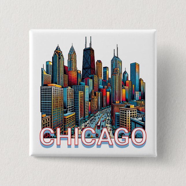 Pop art Comic Book Chicago, Illinois Skyline  15 Cm Square Badge (Front)