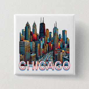 Pop art Comic Book Chicago, Illinois Skyline 15 Cm Square Badge
