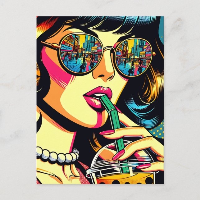 Pop Art Comic Book Pretty Woman Drinking Boba Postcard (Front)