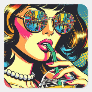 Pop Art Comic Book Pretty Woman Drinking Boba Square Sticker