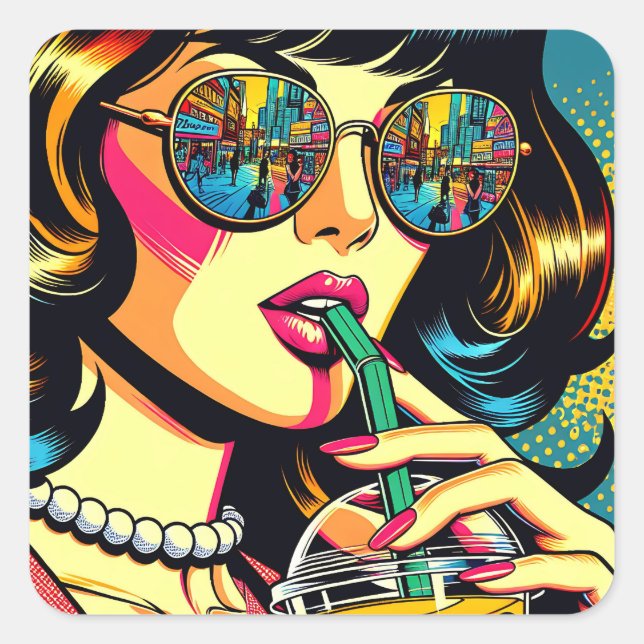 Pop Art Comic Book Pretty Woman Drinking Boba Square Sticker (Front)