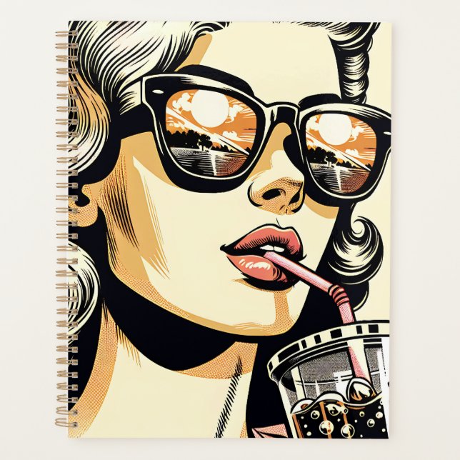 Pop Art Comic Book Pretty Woman Drinking Soda Planner (Front)