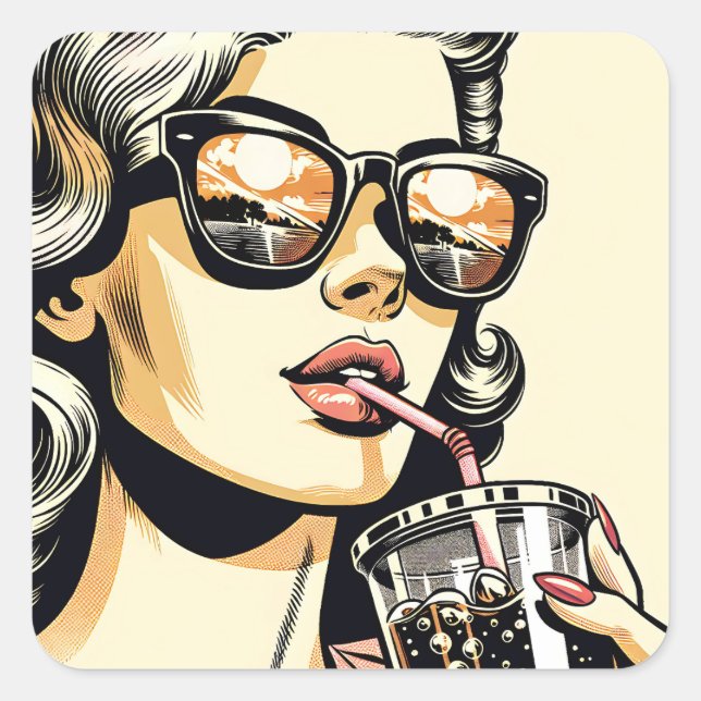 Pop Art Comic Book Pretty Woman Drinking Soda Square Sticker (Front)