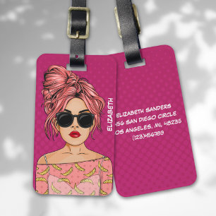Pop Art Comic Girl Pink Background Luggage Tag