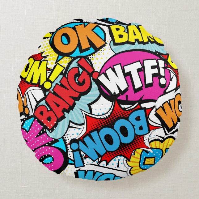 Pop Art Comic: Retro Seamless Pattern Round Cushion (Front)