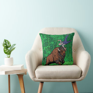 Pop Art Comic Style Bison Tossing Man Halftone Cushion