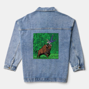 Pop Art Comic Style Bison Tossing Man Halftone Denim Jacket