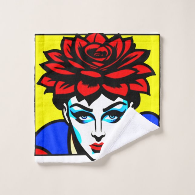 Pop art comic style cute woman and flower bath towel set (Wash Cloth)