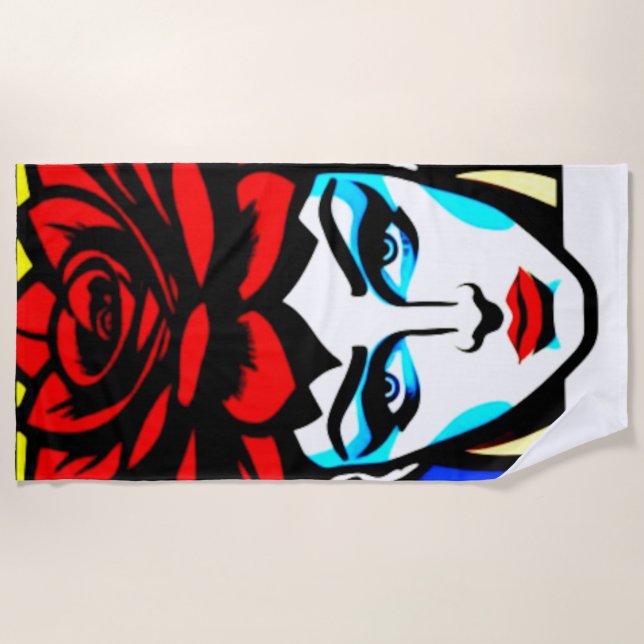 Pop art comic style cute woman and flower beach towel (Front)