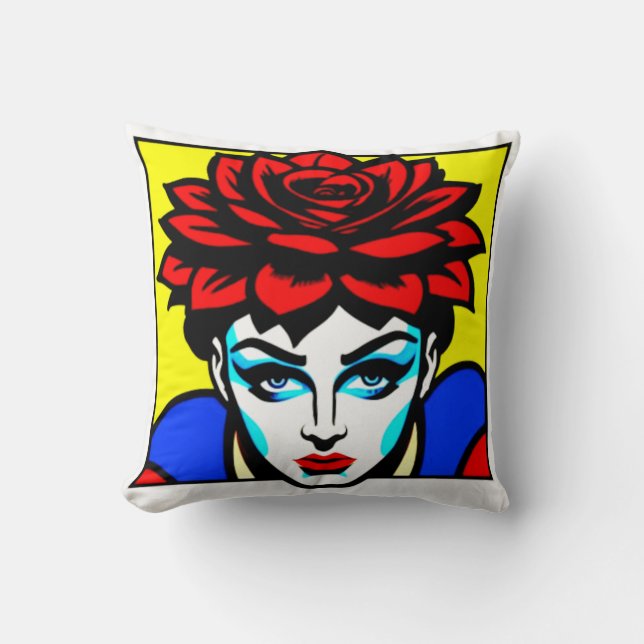Pop art comic style woman and flowers cushion (Front)