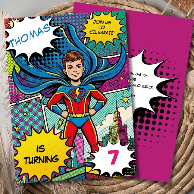 Pop art comic superhero superboy birthday invitation (Creator Uploaded)