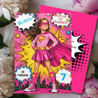 Pop art comic superhero supergirl birthday invitation