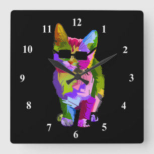 Pop Art cool cat with sunglasses Square Wall Clock