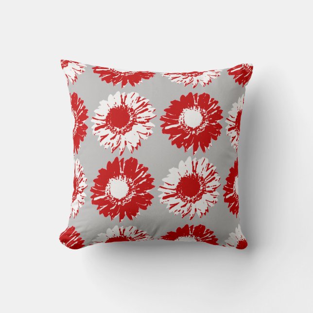 Pop Art Daisies - Red, White and Grey Cushion (Front)
