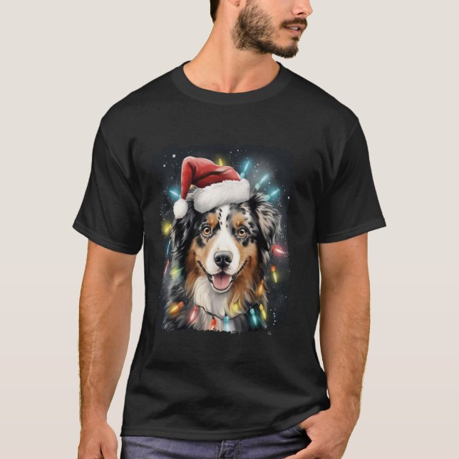 Pop Art Dog Christmas Australian Shepherd  T-Shirt (Front)