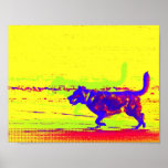 Pop Art Dog on Beach poster<br><div class="desc">A photo of a happy dog running on the beach with a ball in his mouth has been modified with pop art colours and styles for a bright,  colourful,  cheerful poster. Great decor for dog lovers. Yellow,  red,  blue,  green.</div>