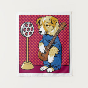 Pop Art Dog Playing Instrument Retro Comic Tapestry