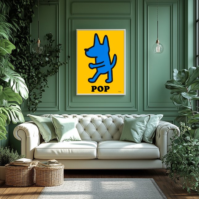 Pop Art Dog Poster – Blue Silhouette on Yellow (Creator Uploaded)