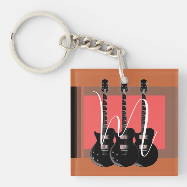 Pop Art Electric Guitar Monogram Initial Key Ring (Front)