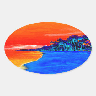 Pop Art Exotic Beach Palm Trees Oval Sticker