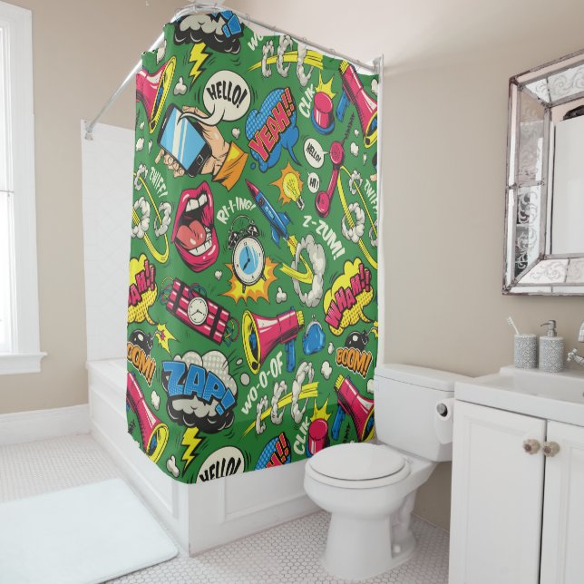 Pop Art Explosion Retro Comic Shower Curtain (In Situ)